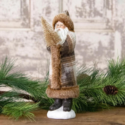 Brown & White Plaid Santa Holding Tree