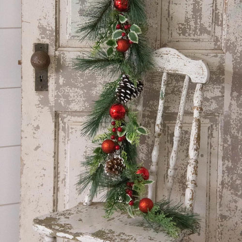 White Pine with Red Ornaments Garland
