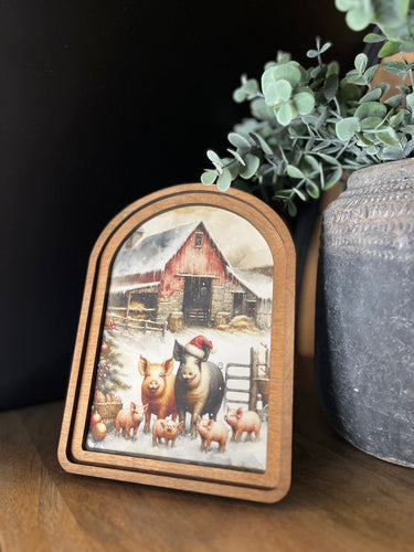 Christmas Pigs Arched Cottage Art