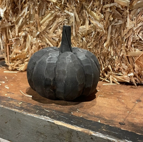 Wide Wood Carved Black Pumpkin
