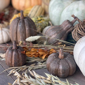 Wide Wood Carved Brown Pumpkin