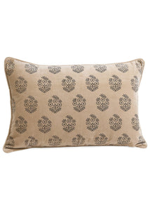 Lumbar Beige & Charcoal Velvet Block Print Pillow