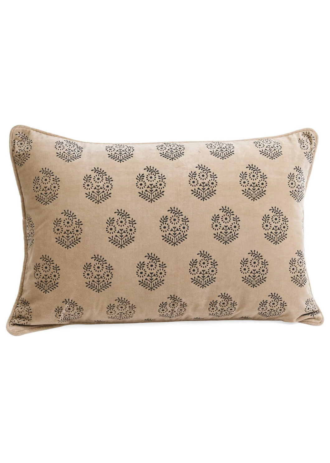 Lumbar Beige & Charcoal Velvet Block Print Pillow