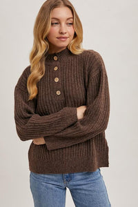 Mocha Henley Front Button Sweater