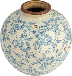 Blue Floral Terracotta Vase with Transferware Pattern