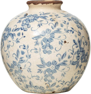 Blue Floral Terracotta Vase with Transferware Pattern