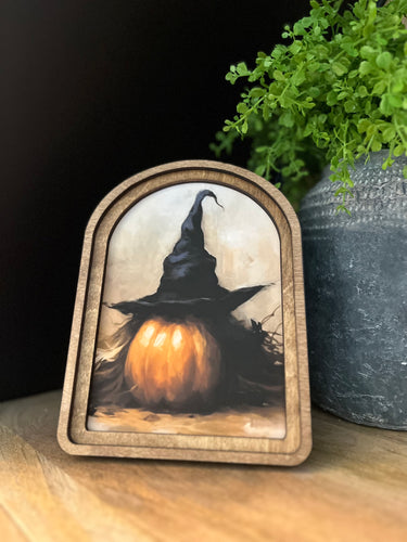 Pumpkin Witch Hat Arched Top Cottage Art