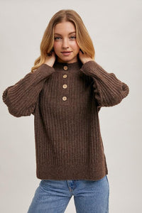 Mocha Henley Front Button Sweater