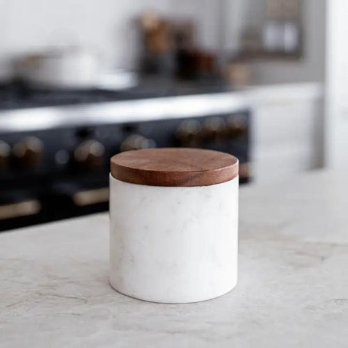 White Marble Jar with Acacia Wood Lid