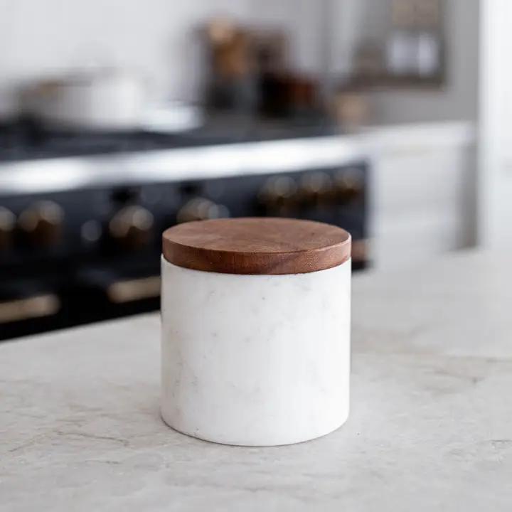 White Marble Jar with Acacia Wood Lid