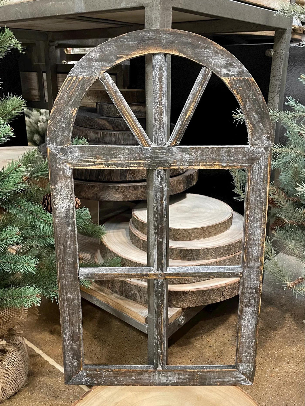 Antique Brown/Grey Wood Rounded Window