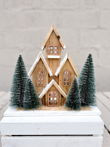LED Natural Wooden House with 4 Trees