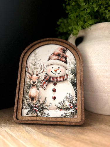 Snowman Deer Arched Top Cottage Art