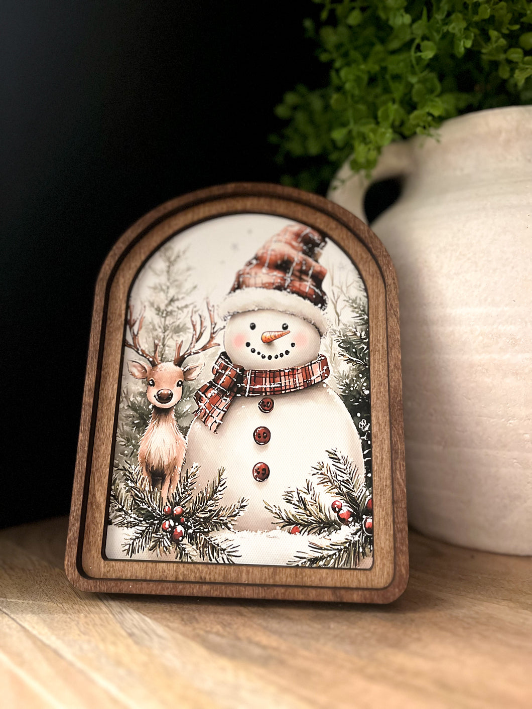 Snowman Deer Arched Top Cottage Art