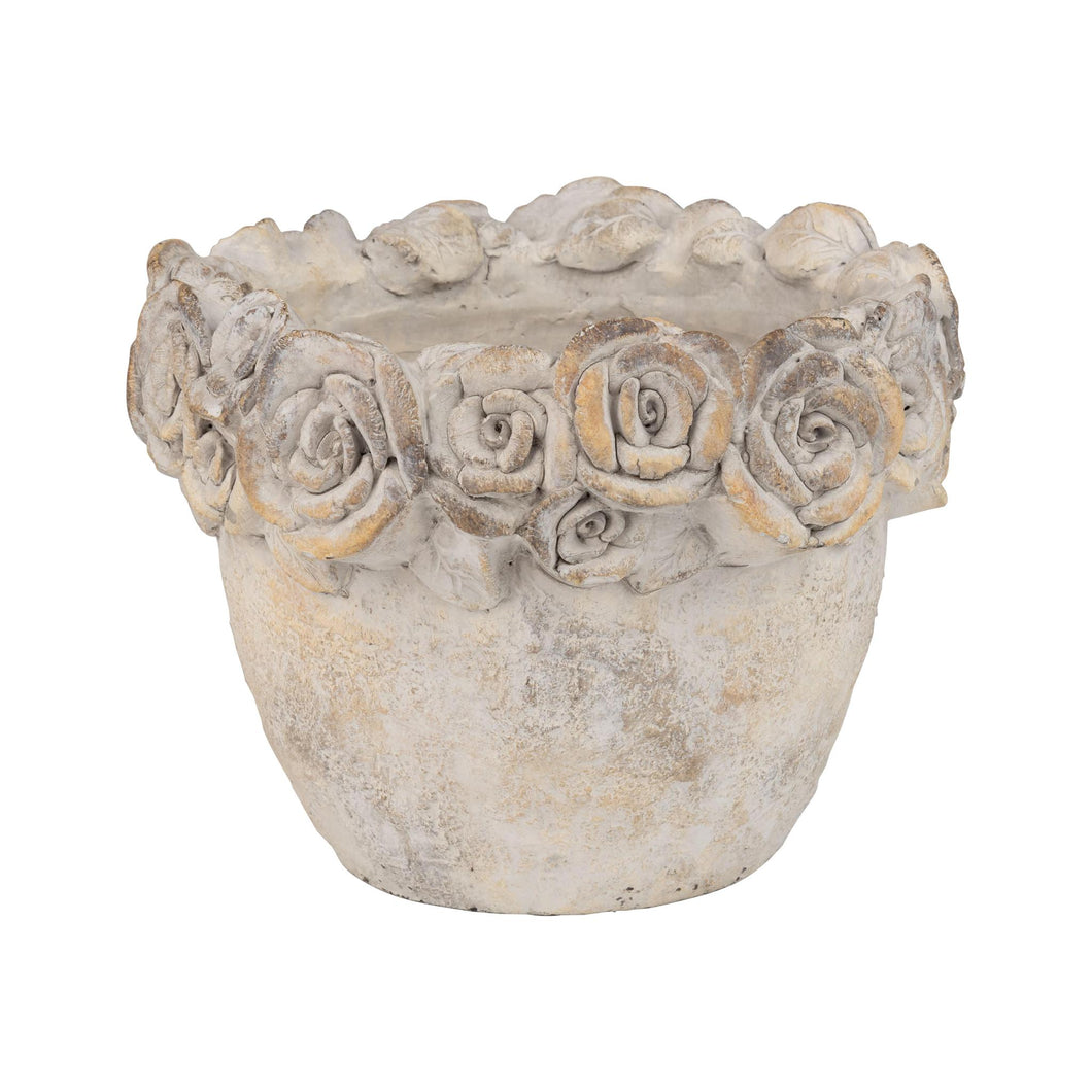 Floral Rim Molded Cement Antique Finish Pots