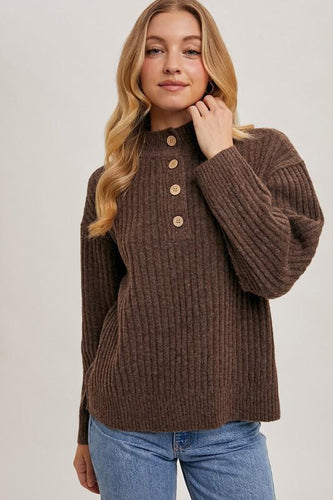 Mocha Henley Front Button Sweater