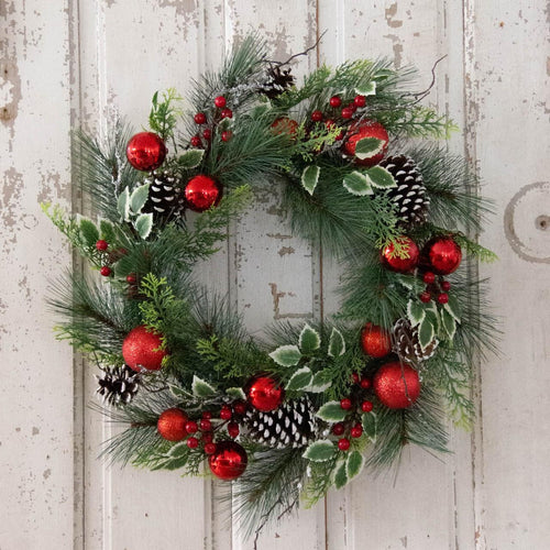 Wreath White Pine with Red Ornaments