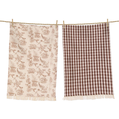 Tea Towels Mushrooms & Tan Check