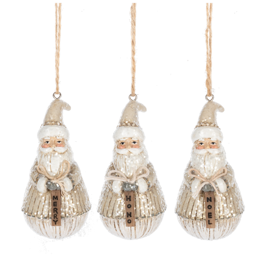 Neutral Glitter Santa Ornaments Holding Signs