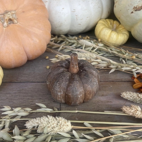 Wide Wood Carved Brown Pumpkin