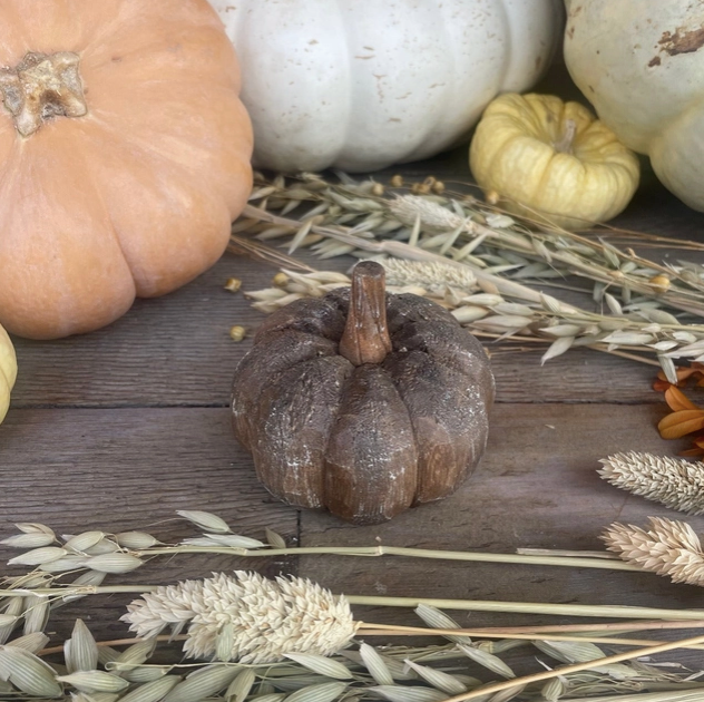 Wide Wood Carved Brown Pumpkin