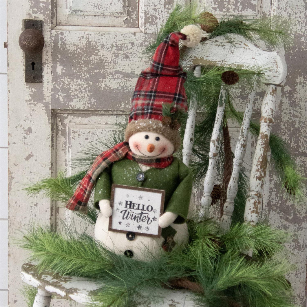 Plaid Snowman Holding Sign