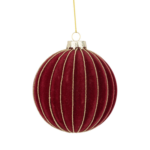 Deep Red Flocked Fluted Ball Ornament